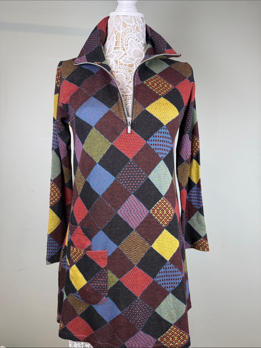 🔸Parsley & Sage Geometric Patchwork Harlequin Diamond Quarter Zip Dress Tunic S